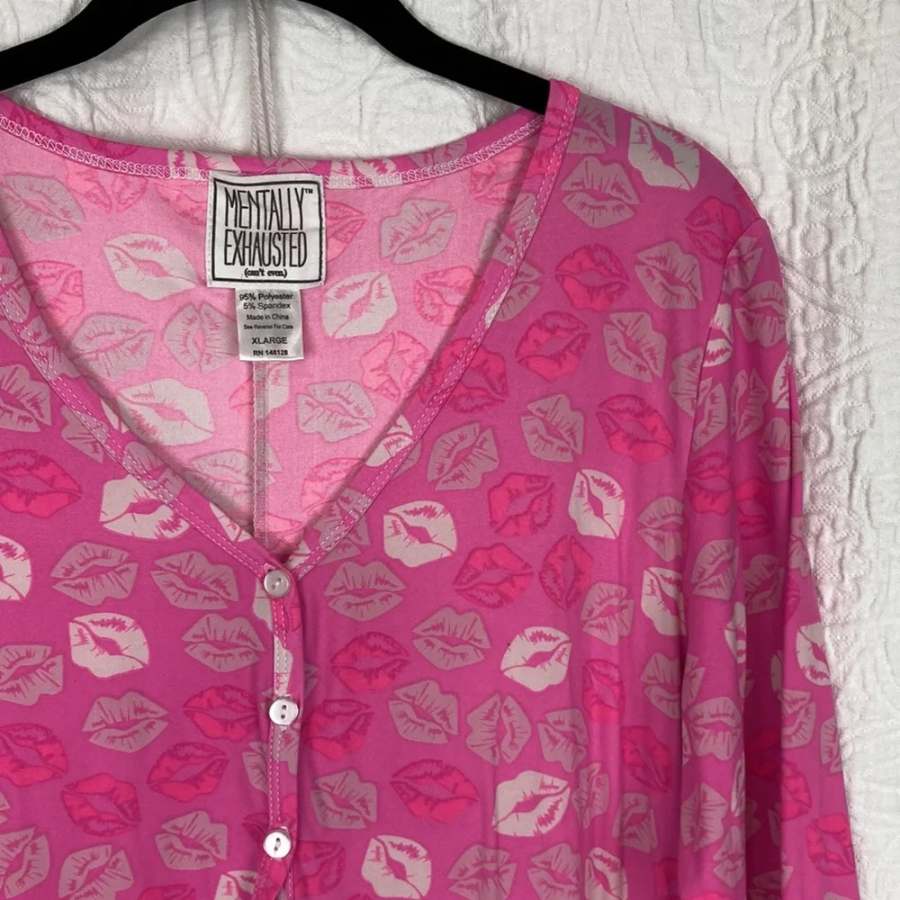 Mentally Exhausted Women’s Hot Pink Lips Onesie Pajamas sz XL